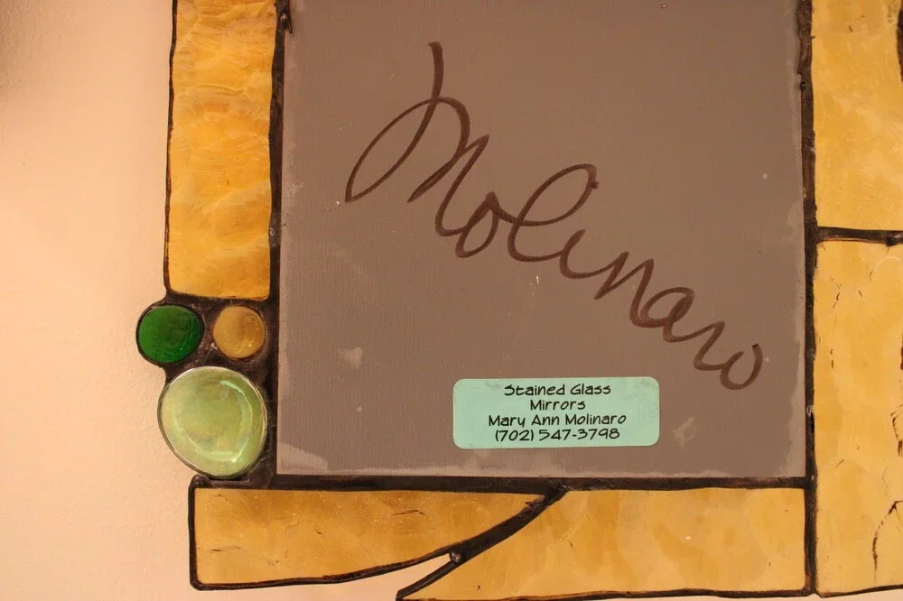 Mary Ann Molinaro Stained Glass Mirror Shell Detail Vintage Amber Yellow Art